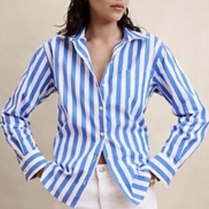 Banana Republic Blue and White Striped Women's Top Size Large